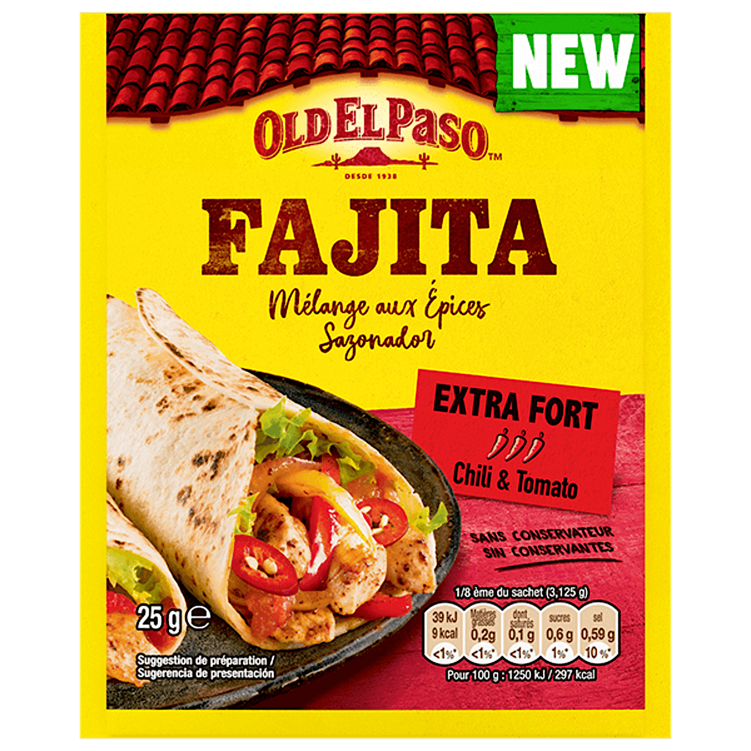 paquet de mélange d'épices pour chili Fajita et tomates Old El Paso extra fort, 25g